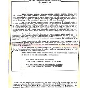 Boletim geral pedindo soltura de sindicalista, entre eles Lula_ fevereiro de 1980